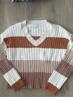 Striped V-Neck Sweater in Cream, Rust & Taupe